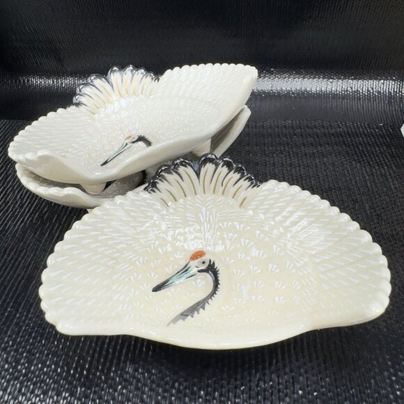 Vintage Japanese Ceramic Footed Crane 4inch Dish Plate Rare Set 3 Dishes Marked - Picture 7 of 16